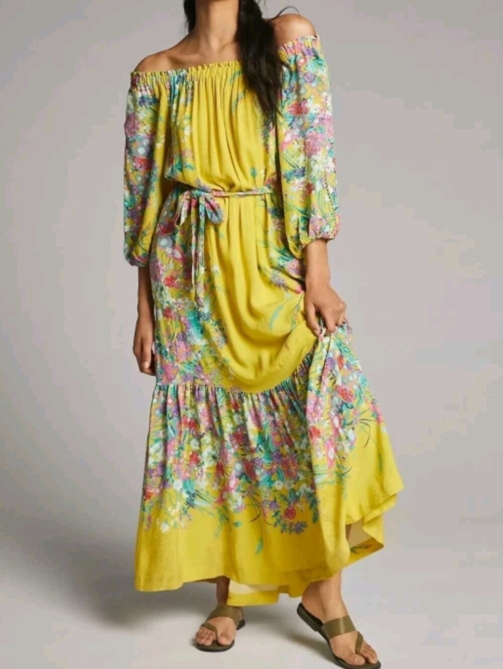 NWT Anthro Eliora Off The Shoulder Boho Maxi Dress Yellow Floral Print Sz S